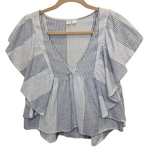 Melrose and Market Womens S Blue White Striped Flutter Sleeve Smocked Blouse